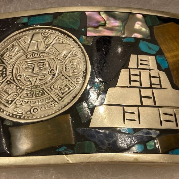 Vintage Metal Belt Buckle, Sterling Silver, Aztec, Stucco, Enamel, Nice Western